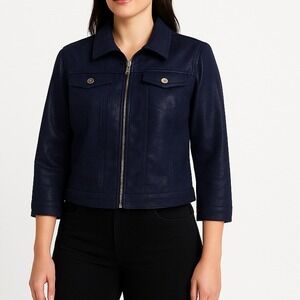 Ruby Rd. Petite Jacket full zip 10P Womens Blue Crocodile Embossed 3/4 Sleeve Lq